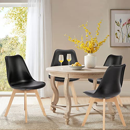 OLIXIS Dining Chairs Set of 4, Mid-Century Modern Dining Chairs with Wood Legs and PU Leather Cushion, Kitchen Chairs for Living Room Bedroom Outdoor Lounge, Black