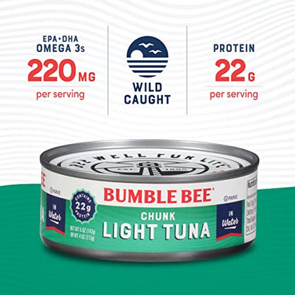 Bumble Bee Chunk Light Tuna In Water, 5 Oz Cans (Pack Of 4) - Wild Caught Tuna - 22g Protein Per Serving - Non-GMO Project Verified, Gluten Free, Kosher - Great For Tuna Salad & Recipes