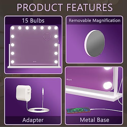 Hasipu Vanity Mirror with Lights, 22" x 18" Hollywood Lighted Makeup Mirror with 15 Dimmable Bulbs, 10X Magnification and USB Charging Port, Smart Touch 3 Colors Dimmable, 360° Rotation (Round)
