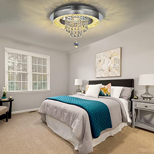 Sunny Hawaii Elegant Bead Crystal Chandelier, 16in Modern Led Indoor Ceiling Lamp, Flush Mount Ceiling Light Fixture for Kitchen Bathroom Bedroom Dining Room.