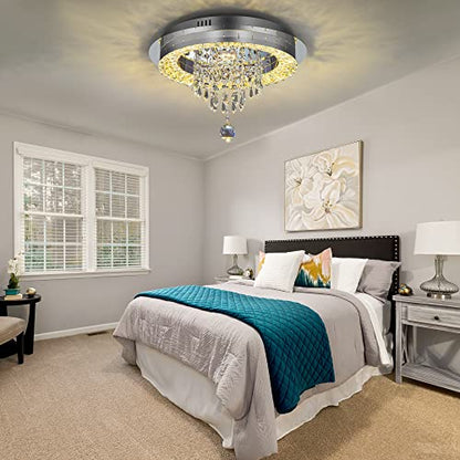 Sunny Hawaii Elegant Bead Crystal Chandelier, 16in Modern Led Indoor Ceiling Lamp, Flush Mount Ceiling Light Fixture for Kitchen Bathroom Bedroom Dining Room.