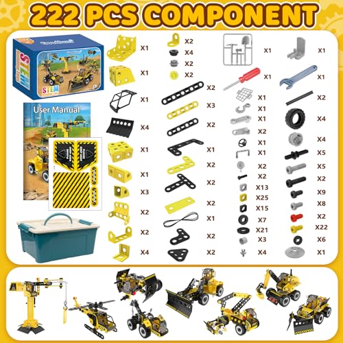 Goodfuns 222 Pcs STEM Building Toys for 4 5 6 7 8 9 10 11 12 Year Old Kids Boys Girls, 8 in 1 STEM Project Educational Toys, Learning Excavator Construction Toys Game, Kids Birthday