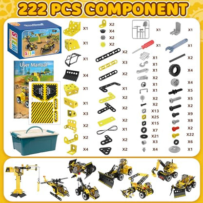 Goodfuns 222 Pcs STEM Building Toys for 4 5 6 7 8 9 10 11 12 Year Old Kids Boys Girls, 8 in 1 STEM Project Educational Toys, Learning Excavator Construction Toys Game, Kids Birthday