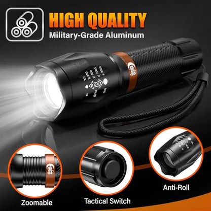 2 Pack LED Flashlights High Lumens with 6 AAA Batteries, 5 Modes Mini Waterproof Tactical Flashlight for Camping Hiking, Bright Flashlight with Zoomable, Christmas Gifts for Men Dad, Black & Coppery