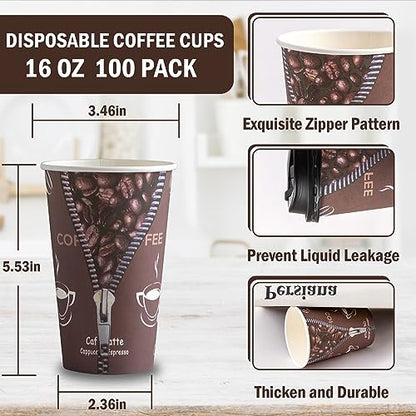 Lamosi 16 oz Coffee Cups with Lids,Sleeves -100 Pack Disposable Coffee Cups To Go Insulation Coffee Cups for Shops, Cafes, and Hot/Cold Drink(Dark Brown)