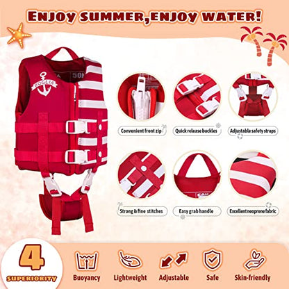 Toddler Swim Vest Floaties for Kids with Adjustable Safety Strap for Learn to Swim Children, Stripes Red M Age 4-6