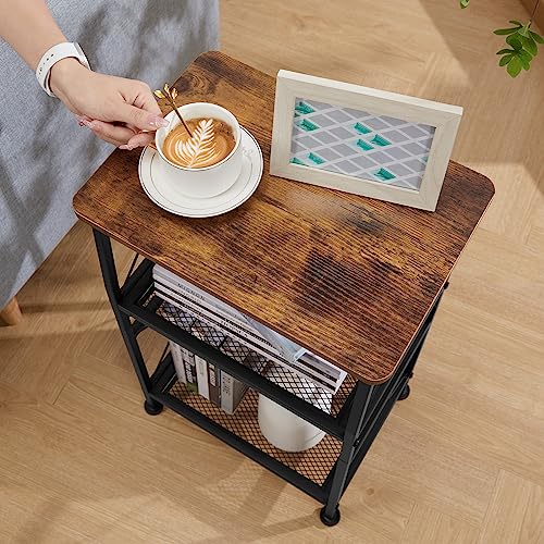 ruboka 3-Tier Small End Tables,Narrow Side Table with Steel Grid Storage Shelves,Slim Nightstand X-Design Sofa Side Table Small Bookshelf Bookcase,Display Rack for Living Room,Bedroom,Rustic Brown