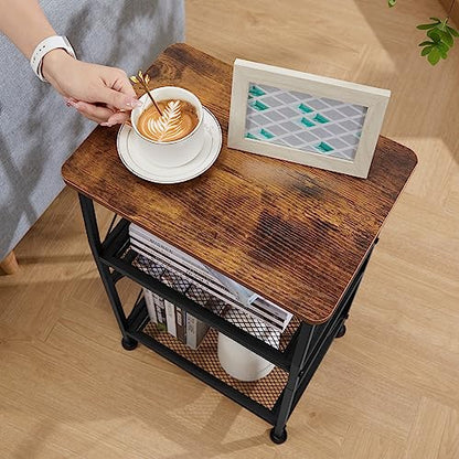 ruboka 3-Tier Small End Tables,Narrow Side Table with Steel Grid Storage Shelves,Slim Nightstand X-Design Sofa Side Table Small Bookshelf Bookcase,Display Rack for Living Room,Bedroom,Rustic Brown