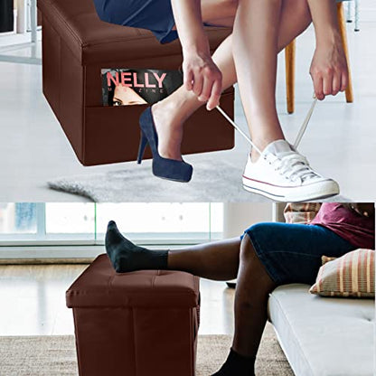 ALASDO Storage Ottoman with Double Pocket Folding Rectangle Cube Ottoman Foot Rest Stool Leather Ottomans Foot Rest for Bedroom L17W13H13(Brown)