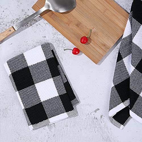 Mordimy 100% Cotton Waffle Weave Kitchen Towels, 13 x 28 Inches, Super Soft and Absorbent Buffalo Check Dish Towels for Drying Dishes, 4-Pack, Black & White
