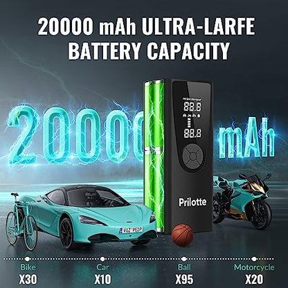 Tire Inflator Portable Air Compressor-Upgrade 20000mAh Electric Air Pump for Car Tires-150 PSI Tire Pump-Cordless Tire Inflation with Pressure Gauge Emergency Light for Car, Motor, Bike, Ball, Black
