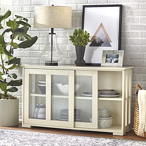 Target Marketing Systems Storage Cabinet with Sliding Glass Doors, Sideboard Buffet with Open Side Panels, Stackable Cupboard for Kitchen, Dining, and Living Room, 42", Antique White
