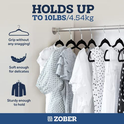 Zober Velvet Hangers 50 Pack - Heavy Duty Black Hangers for Coats, Pants & Dress Clothes - Non Slip Clothes Hanger Set - Space Saving Felt Hangers for Clothing