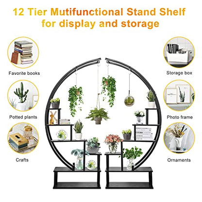 Elevens 2 Pcs 6 Tier Tall Metal Indoor Plant Stand Half-Moon-Shaped Plant Shelf Holder Multi-Purpose Plant Stands Plants Decor Plant Stands for Home Decoration (Round-Black)