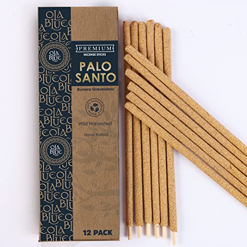 Ola Blue Palo Santo Incense Sticks (12 Pack) - Premium Authentic from Peru - Handmade & Hand-Rolled Natural Wood - Cleansing Bad Energy for Cleanse & Relieve Stress (Bursera Graveolens Wood)