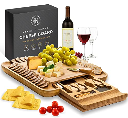 Bambüsi Cheese Board and Knife Set - Premium Bamboo Charcuterie Board Set & Cheese Board Accessories Set - Kitchen Wine & Meat Cheese Serving Platter Wood - Unique Wedding Gifts and Housewarming Gift