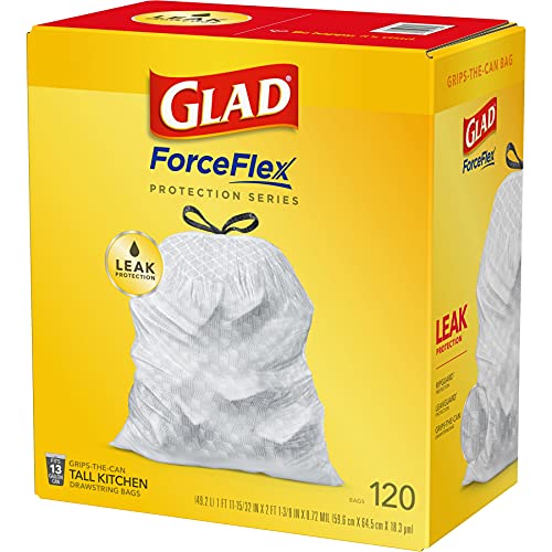 GLAD ForceFlex Tall Drawstring Trash Bags, 13 Gallon White Trash Bags for Tall Kitchen Trash Can, Unscented Leak Protection Bags, 120 Count - Packaging May Vary