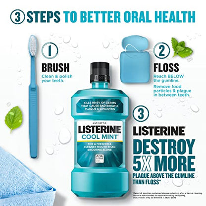 Listerine Mouthwash, Antiseptic, Antibacterial, Bad Breath Treatment, Plaque & Gingivitis Protection, Gum Disease Treatment, Mouth Wash for Adults; Cool Mint Flavor, 1 L (Pack of 2)