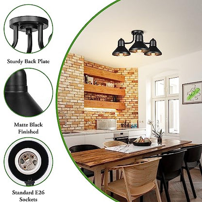 Farmhouse Semi Flush Mount Ceiling Light Fixture, Matte Black Metal Kitchen Light Fixture, 3-Light Industrial Ceiling Lamp, E26 Rustic Chandelier for Living Room Bedroom Dining Room Entryway Hallway