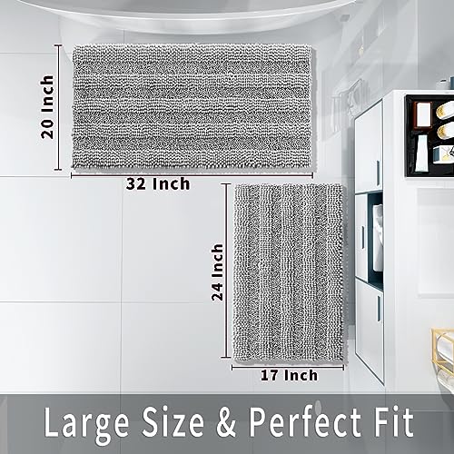 Yimobra Luxury Chenille Bathroom Rugs Sets 2 Piece, Extra Thick Non Slip Quick Dry Bath Mat for Shower Floor, Fluffy Shaggy Microfiber Absorbent Machine Washable Bathmat (Grey, 20" x 32"+17" x 24")