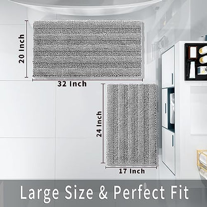 Yimobra Luxury Chenille Bathroom Rugs Sets 2 Piece, Extra Thick Non Slip Quick Dry Bath Mat for Shower Floor, Fluffy Shaggy Microfiber Absorbent Machine Washable Bathmat (Grey, 20" x 32"+17" x 24")