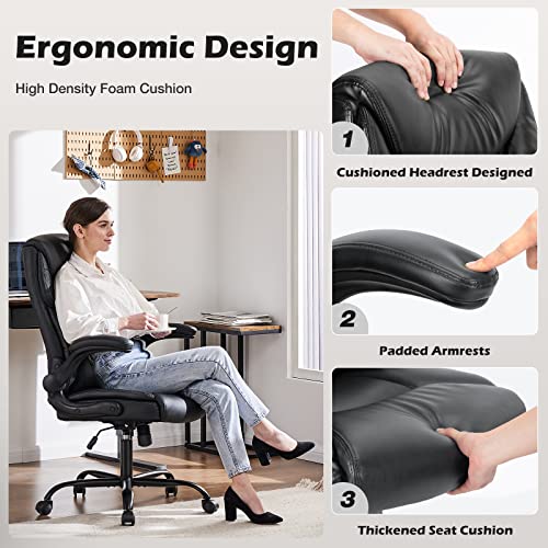 JHK Executive High Back Big and Tall Leather Office Desk Chairs with Flip Up Arms Ergonomic Lumbar Support, Adjustable Height,Wheels, Soft Padded, Black