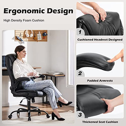JHK Executive High Back Big and Tall Leather Office Desk Chairs with Flip Up Arms Ergonomic Lumbar Support, Adjustable Height,Wheels, Soft Padded, Black