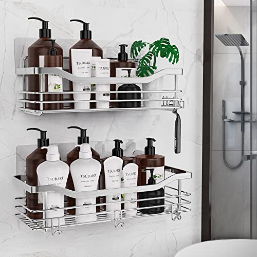 Orimade Shower Caddy Basket Shelf with 5 Hooks Adhesive Organizer Storage Rack Rustproof Wall Mounted Stainless Steel No Drilling for Bathroom, Toilet, Kitchen - 2 Pack