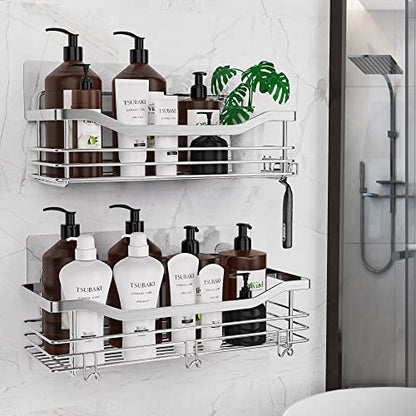 Orimade Shower Caddy Basket Shelf with 5 Hooks Adhesive Organizer Storage Rack Rustproof Wall Mounted Stainless Steel No Drilling for Bathroom, Toilet, Kitchen - 2 Pack
