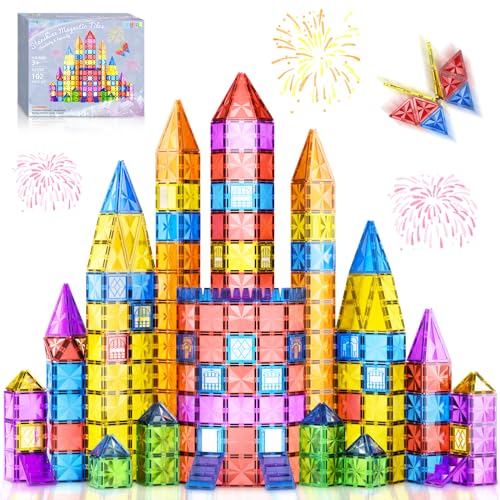 102PCS Diamond Magnetic Tiles Kids Games Toys, STEM Magnet Toys for Toddlers, Magnetic Building Blocks for Kids Age 3-5 4-8 8-12, Preschool Learning Montessori Sensory Toys for 3+ Year Old Boys Girls