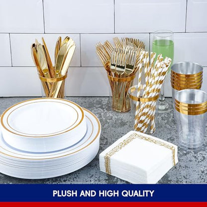 250 Count Gold Disposable Plastic Dinnerware Set, 50 Gold Plastic Plates, 25 Plastic Silverware, 25 Gold Cups and Straws, 50 Napkins, Perfect for Wedding Party