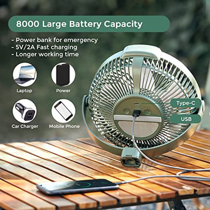 EDON Portable Camping Fan with LED Lantern, 270° Rotation Rechargeable Battery Operated Fan, 10" Desk Fan with Tripod, Remote Control, 3 Speeds Tent Fan for Camping, Outdoor