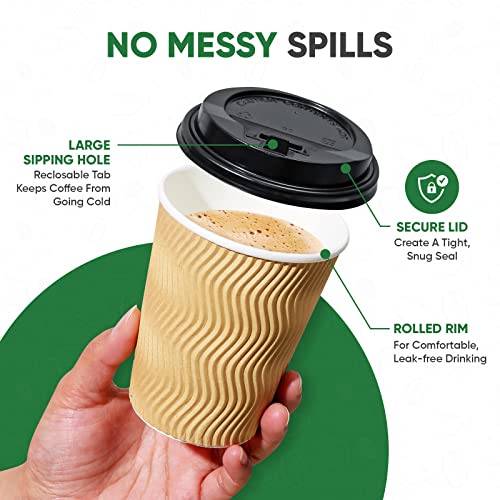 Tobvory Disposable Coffee Cups With Lids, 100 Pack Coffee Cups With Lids 12 Oz, Paper Cups For Hot Drinks, Eco-Friendly Triple Wall Insulated To Go Coffee Cups