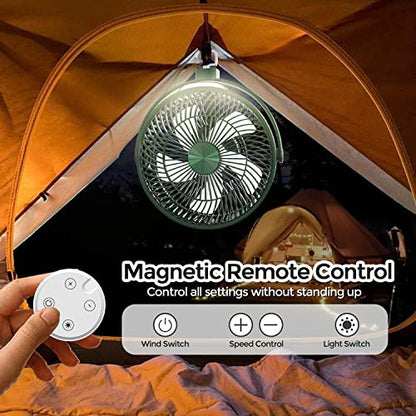 EDON Portable Camping Fan with LED Lantern, 270° Rotation Rechargeable Battery Operated Fan, 10" Desk Fan with Tripod, Remote Control, 3 Speeds Tent Fan for Camping, Outdoor