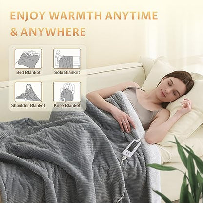 Reaks Heated Electric Blanket Throw - 50" x 60" Heating Blanket with 4 Fast Heating Levels & 3 Hours Auto Off, Soft Warm Flannel Sherpa Blankets for Home Office, ETL&FCC Certification, Light Grey