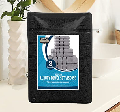Utopia Towels 8-Piece Luxury Towel Set, 2 Bath Towels, 2 Hand Towels, and 4 Wash Cloths, 600 GSM 100% Ring Spun Cotton Highly Absorbent Viscose Stripe Towels Ideal for Everyday use (Black)