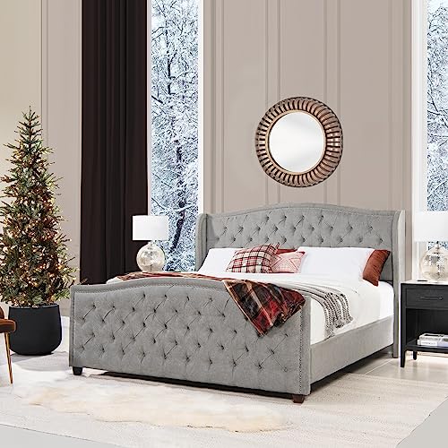 Jennifer Taylor Home Marcella Upholstered Shelter Headboard Bed Set, King, Silver Grey Polyester