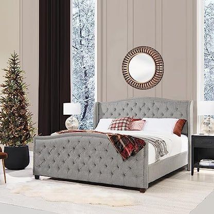 Jennifer Taylor Home Marcella Upholstered Shelter Headboard Bed Set, King, Silver Grey Polyester