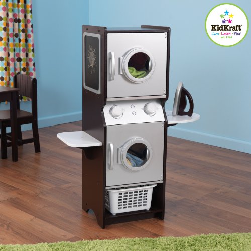 KidKraft Laundry Playset Children's Pretend Wooden Stacking Washer and Dryer Toy with Iron and Basket, Espresso, Gift for Ages 3+