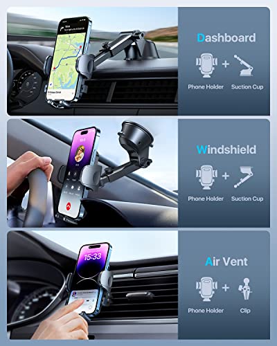 HTU 𝟮𝟬𝟮𝟯 𝐔𝐩𝐠𝐫𝐚𝐝𝐞𝐝 Cell Phone Holder for Car【Powerful Suction Cup Never Fall】 Universal Car Phone Holder Mount for Dashboard Windshield Air Vent Long Arm Cell Phone Car Mount Thick Case
