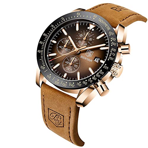 BENYAR Mens Watches Quartz Movement Chronograph Leather Strap Fashion Business Sport Design 30M Waterproof Scratch Resistant Elegant Gifts for Men