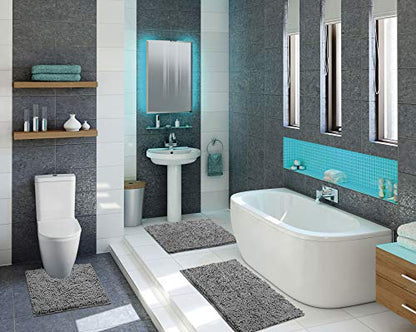Bathroom Rugs Sets 3 Piece, Includes U-Shaped Contour Toilet Mat, 20 x 30'' and 16 24'' Bath Non-Slip Shaggy Gray Mats Sets, Machine Washable, Light Grey