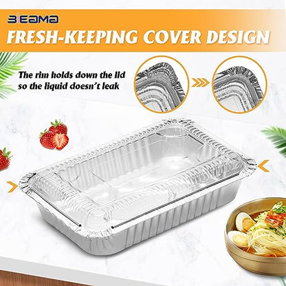 BIEAMA 50 Pack 8x5.5 Disposable Takeout Pans with Clear Lids, Disposable Baking Pans for Food To Go, Take Out, Foil Pans with Plastic Lids for Spill Resistance