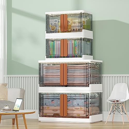 HAIXIN Storage Bins with Lids, Collapsible Storage Bins, Wardrobe Closet Organizer, 19 Gal Stackable Toy Storage, Foldable Plastic Storage Container with Door, Crate for Book Storage (3 Pack)