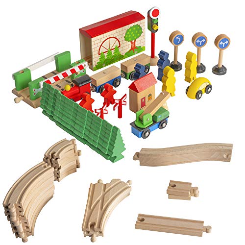 FUNPENY 60 Pcs Colorful Wooden Train and Track Sets,Train Railway Sets Toys for 3+ Years Kids,Boys,Girls Deluxe Holiday Gifts