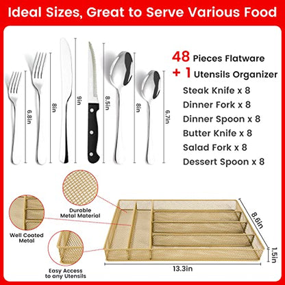 48 pieces Silverware with orgainzer, KITWARE Flatware for 8, Stainless Steel Utensil with metal tray, Home & Kitchen Mirror Polish Cutlery, Dishwasher Safe