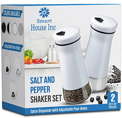 The Original Salt and Pepper Shakers set - White- Spice Dispenser with Adjustable Pour Holes - Stainless Steel & Glass - Set of 2 Bottles