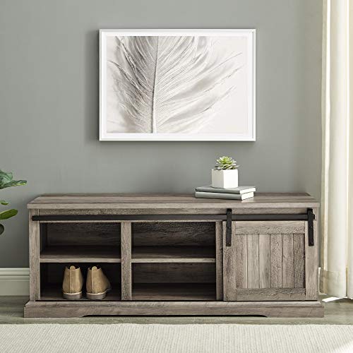 Walker Edison Farmhouse Sliding Grooved Door Entryway Bench Shoe Storage Shelf Hallway Organizer, 48 Inch, Grey Wash