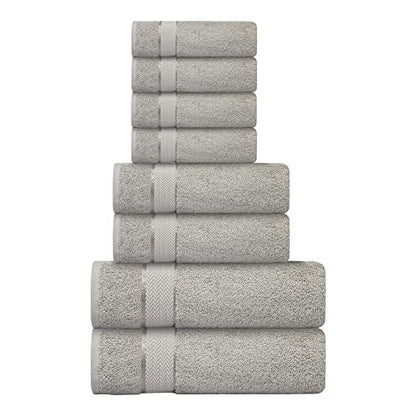 Bath Towels Set-100% Cotton-2 Bath Towels, 2 Hand Towels & 4 Washcloths-Large, Quick Dry, Absorbent, Plush, Soft-Home, Gym, Yoga, Spa, Shower Towels -8 Piece Luxury Bathroom Towels - Light Grey/Silver