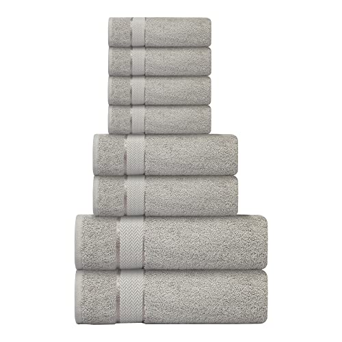 Bath Towels Set-100% Cotton-2 Bath Towels, 2 Hand Towels & 4 Washcloths-Large, Quick Dry, Absorbent, Plush, Soft-Home, Gym, Yoga, Spa, Shower Towels -8 Piece Luxury Bathroom Towels - Light Grey/Silver